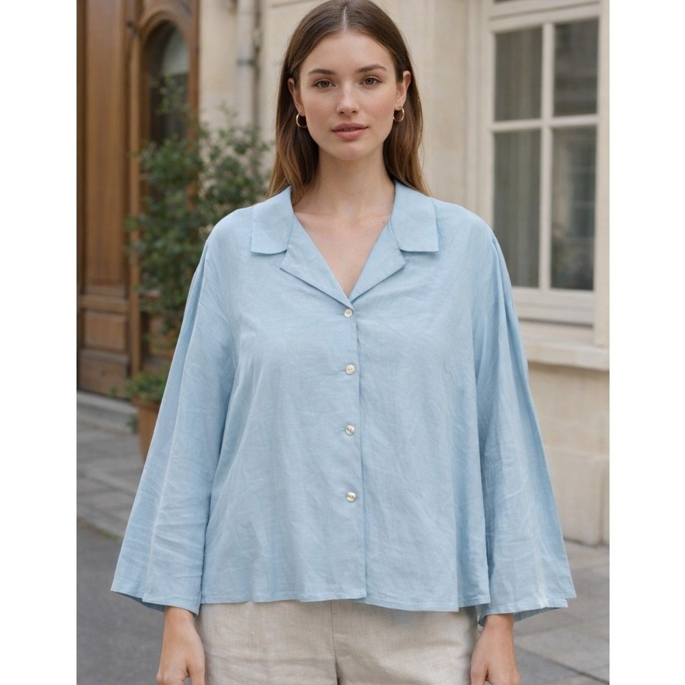 Talbots Button Down Long Sleeve Linen Top Women's 18 Pastel Blue Vacation Travel